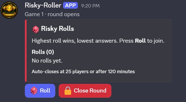 A new Risky Rolls round just opened in a Discord channel — the embed shows zero rolls yet, with Roll and Close Round buttons below.