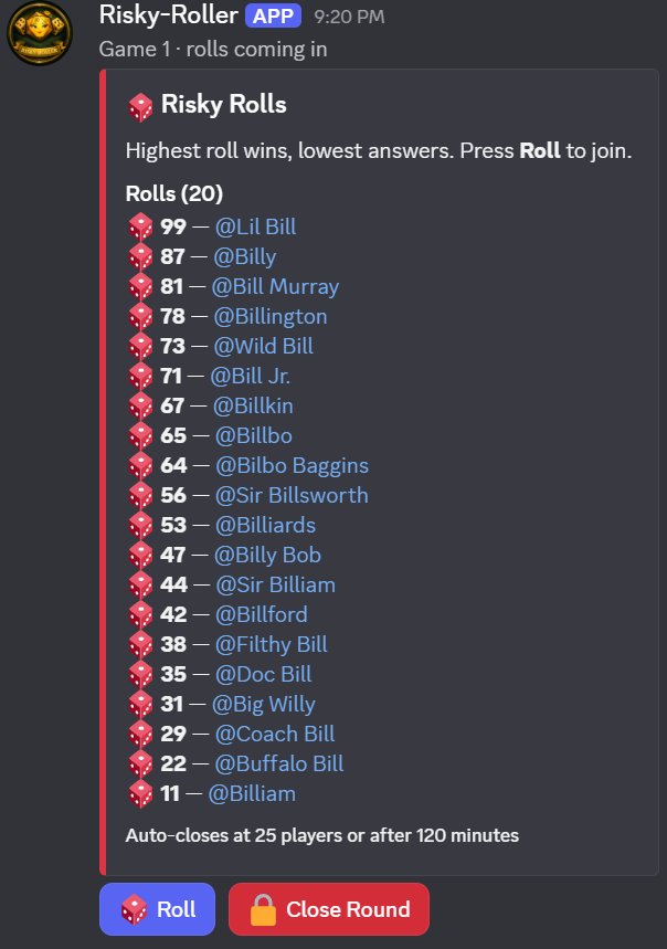 Twenty Discord users listed in a Risky Roller round in descending roll order from 99 down to 11.