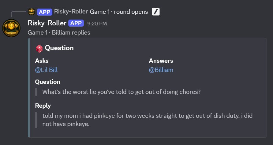 Discord message: the question prompt — the winner asks the loser 'What's the worst lie you've told to get out of doing chores?' and the loser's reply, formatted in a clean embed.